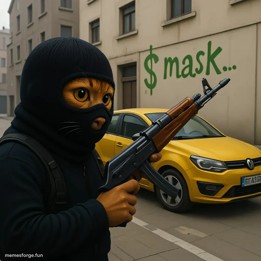 Shooting an AK47 that all gold, in the background add a car and a wall with grafitti and the words "$mask"