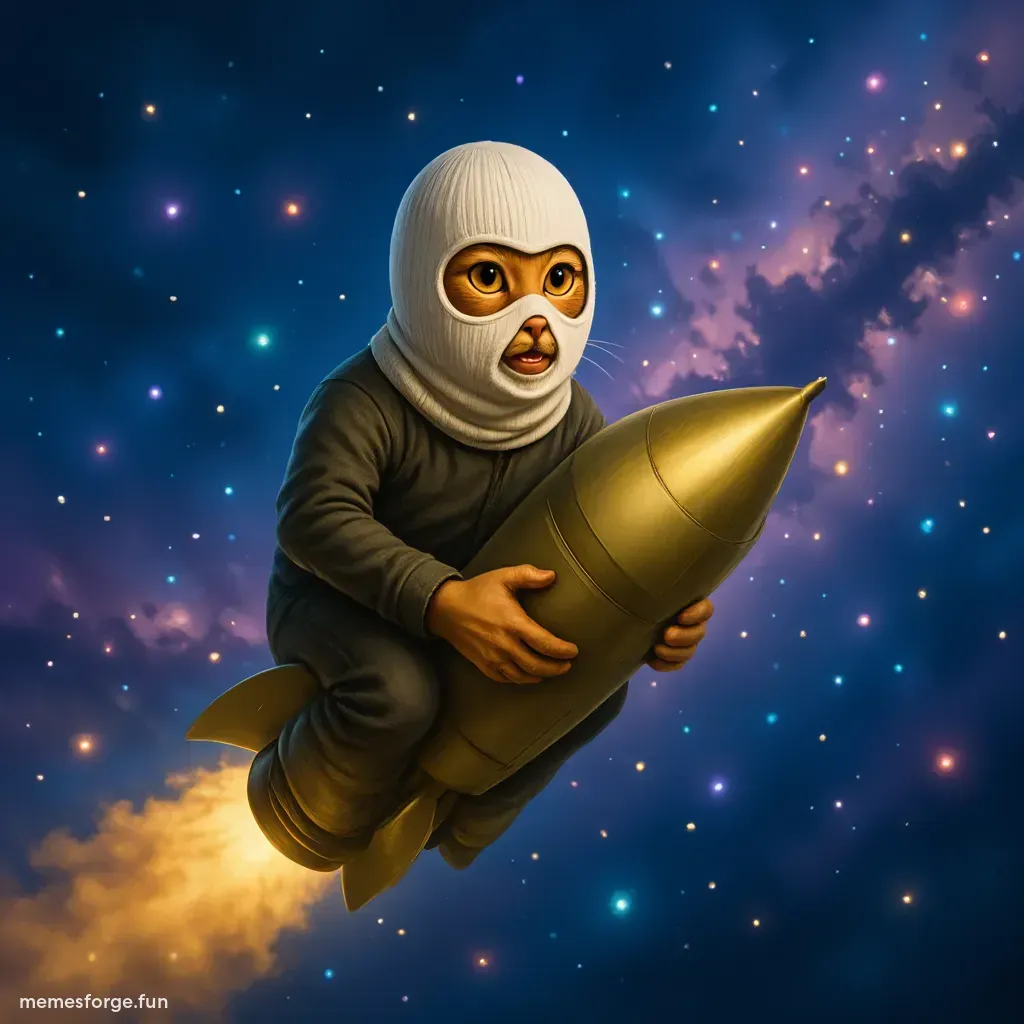 space cat with a mask riding a rocket joint in mouth