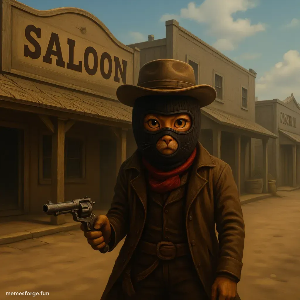 Mask with a pistol in front of a Saloon in wild west