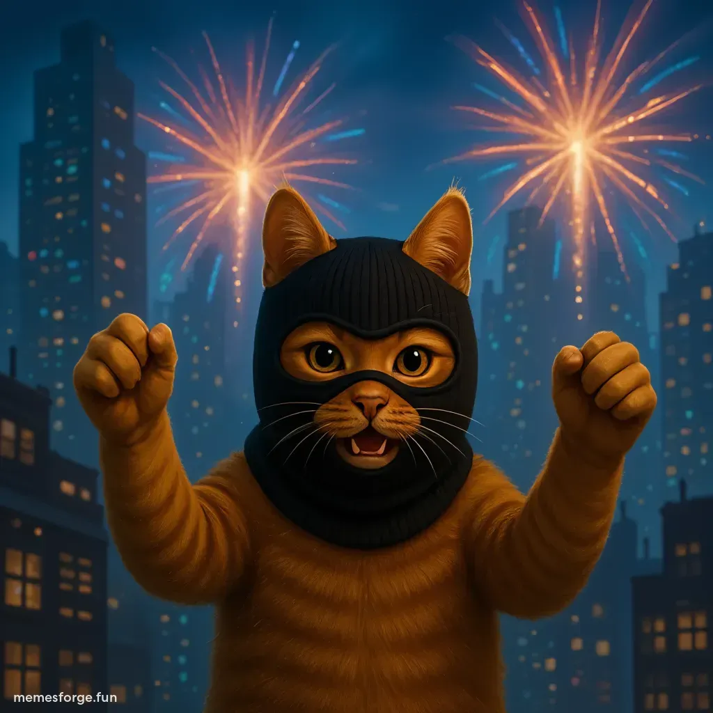 Orange tabby cat in black mask celebrating with excited expression