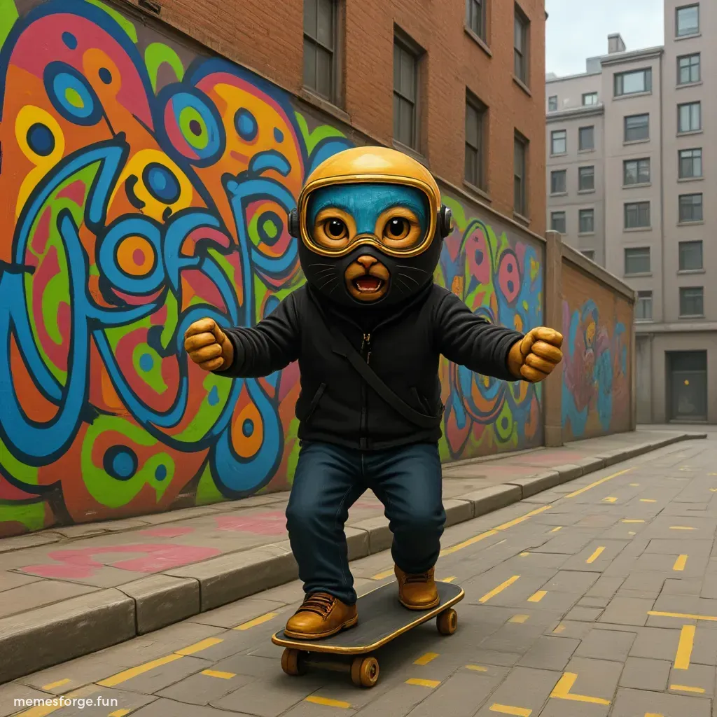 Yellow cartoon character in black ski mask and blue goggles, holding green skateboard with $mask text and AK-47, wearing red t-shirt and blue shorts