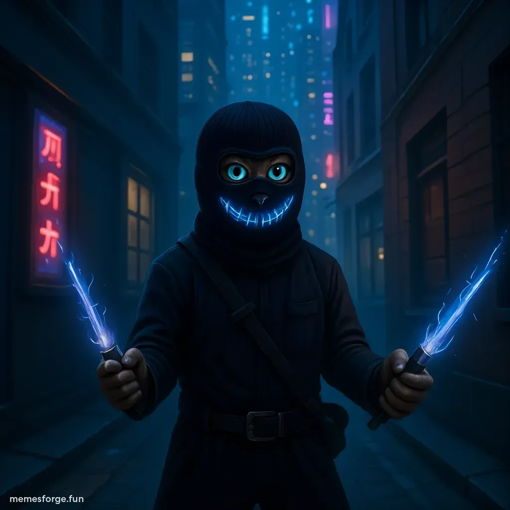 A cat wearing a Dark suit with a lot of electric shiny blue lines on it, blue eyes, muscular and ready to fight