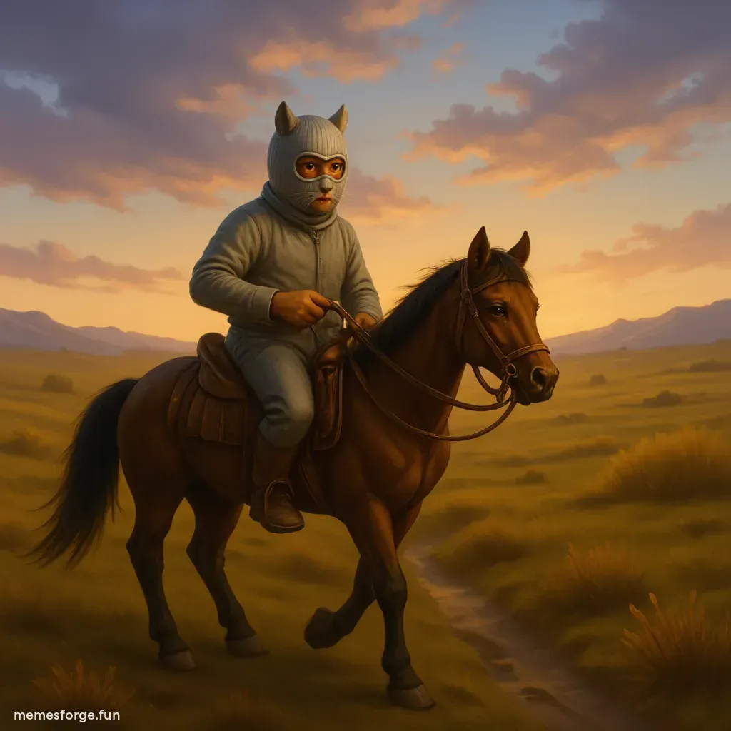 cat holding sword and riding a horse
