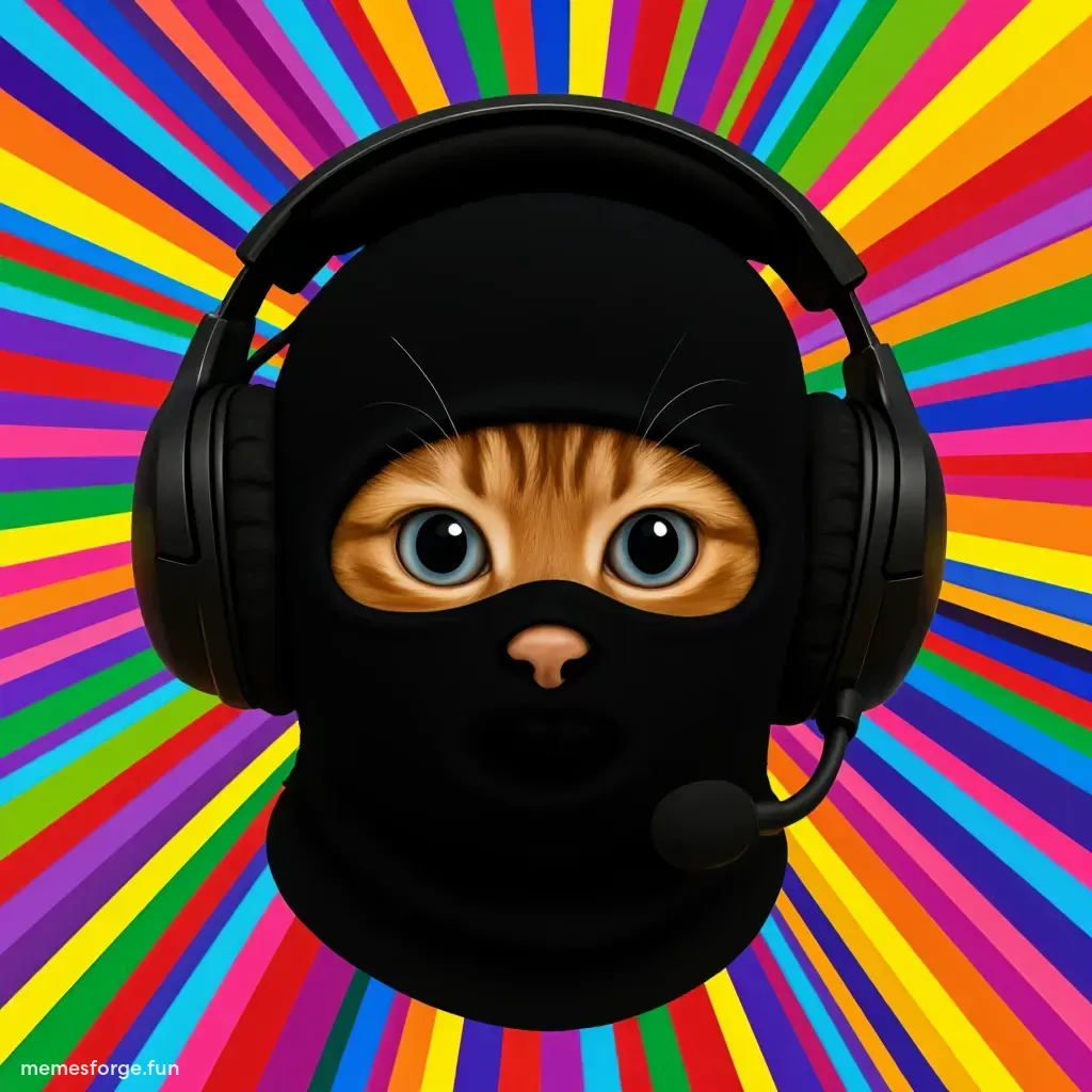 Orange tabby cat in black mask with gaming headset, psychedelic swirling background, $MASK text overlay, cartoon style with bold outlines and bright colors