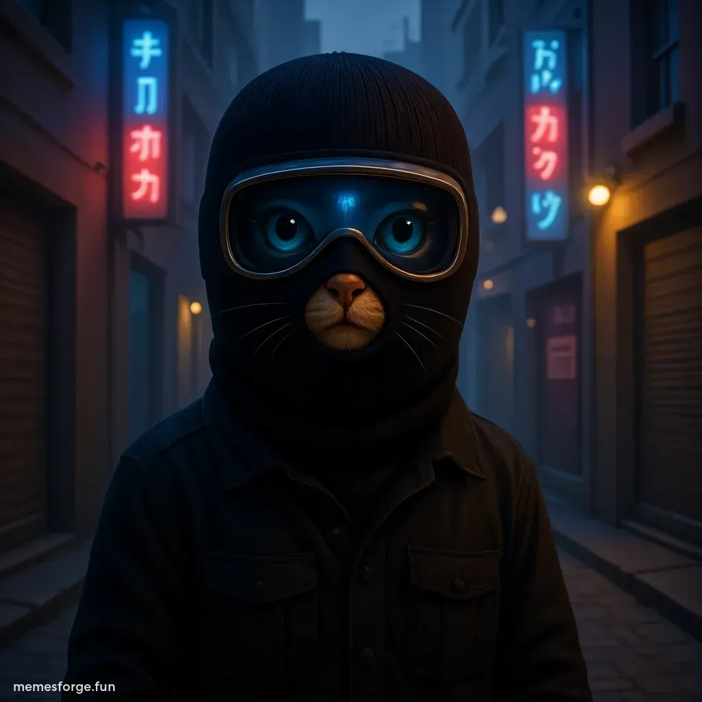 Aggressive Asian warrior with topknot, katana, and sunglasses in $MASK style digital art