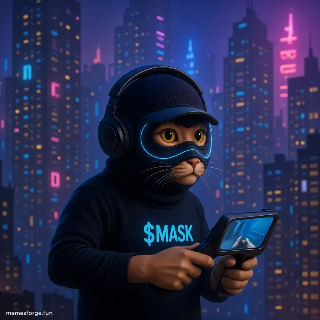 Orange tabby cat wearing a black mask with $MASK text, holding a gaming controller