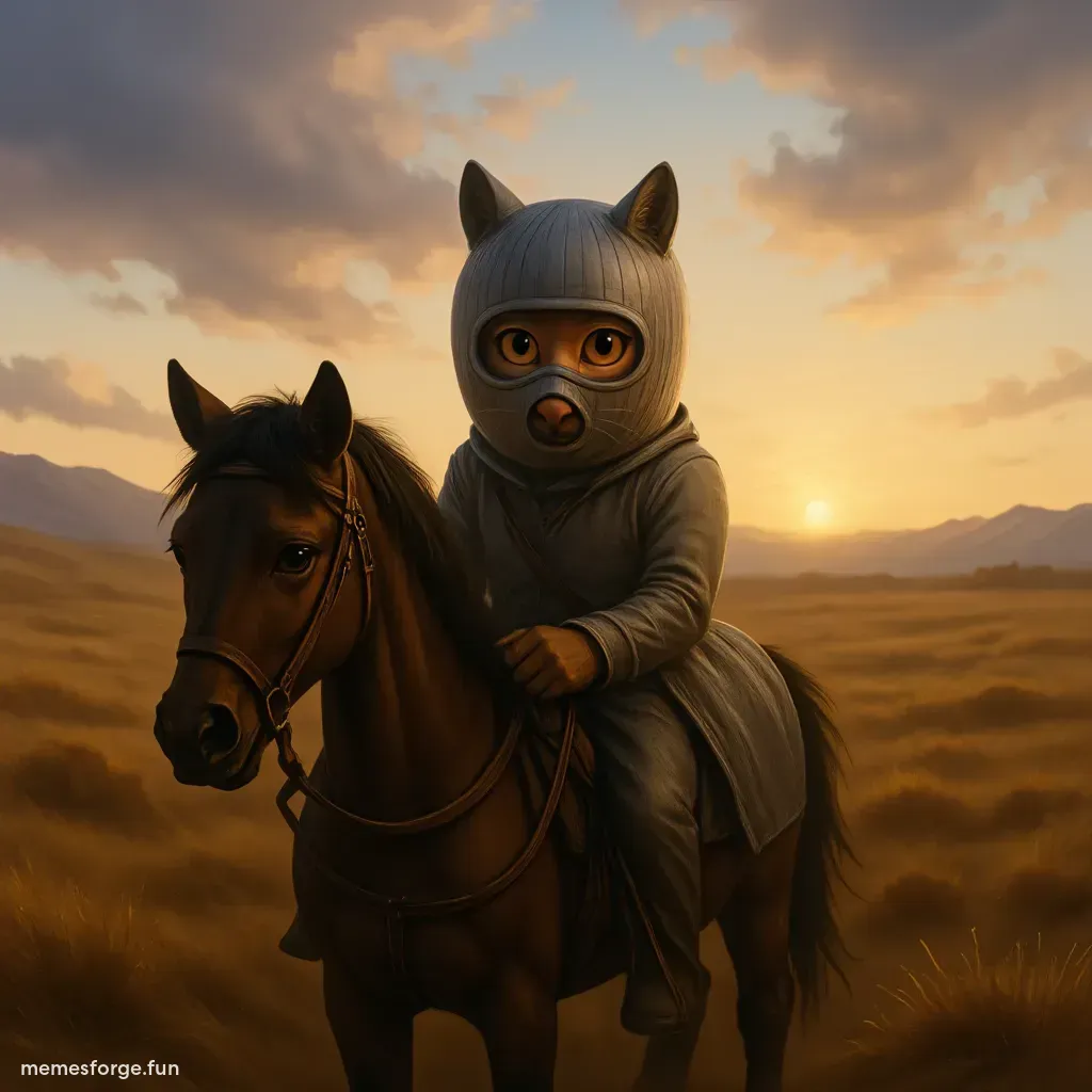 cat holding sword and riding a horse