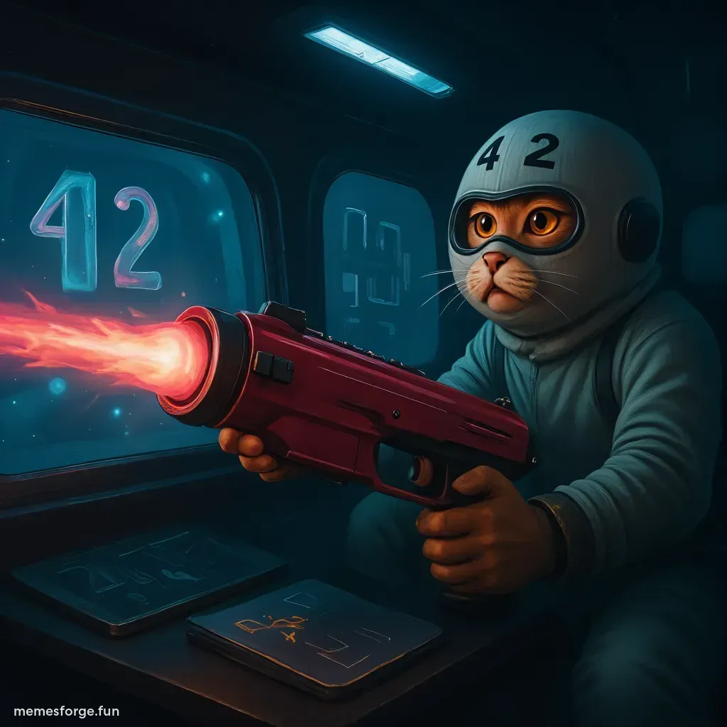 space cat with a gun in one hand and number 42 on shirt
