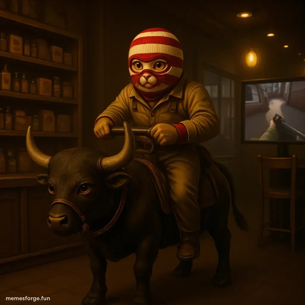 Masked cat on a bull