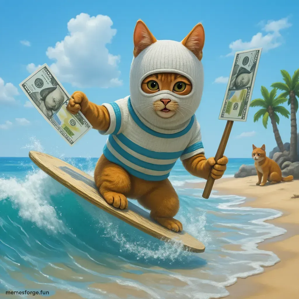 Make me a mask whos surfing a wave of cash onto a beach full of sexy lola bunnies & kittens