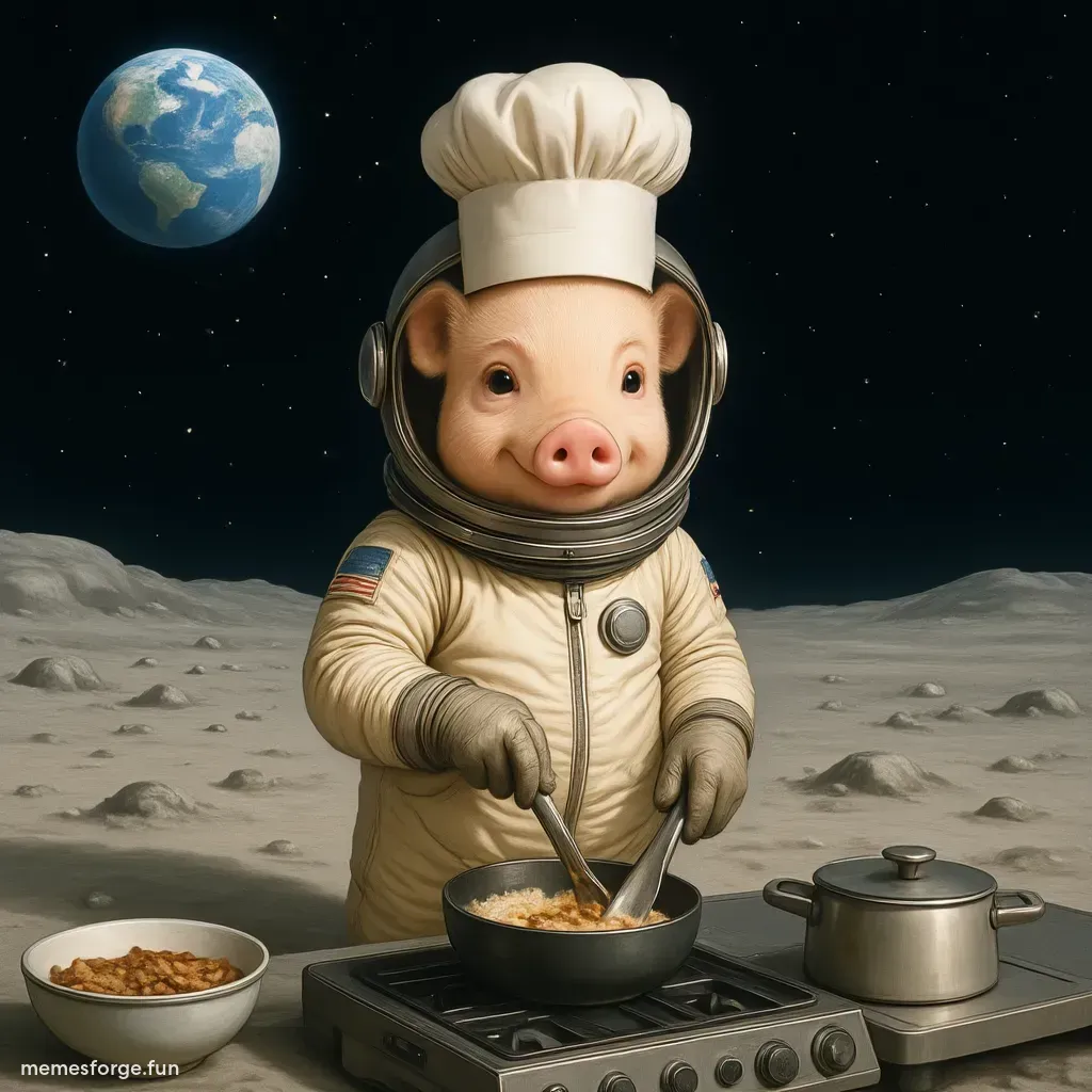Cartoon pig cooking on the moon