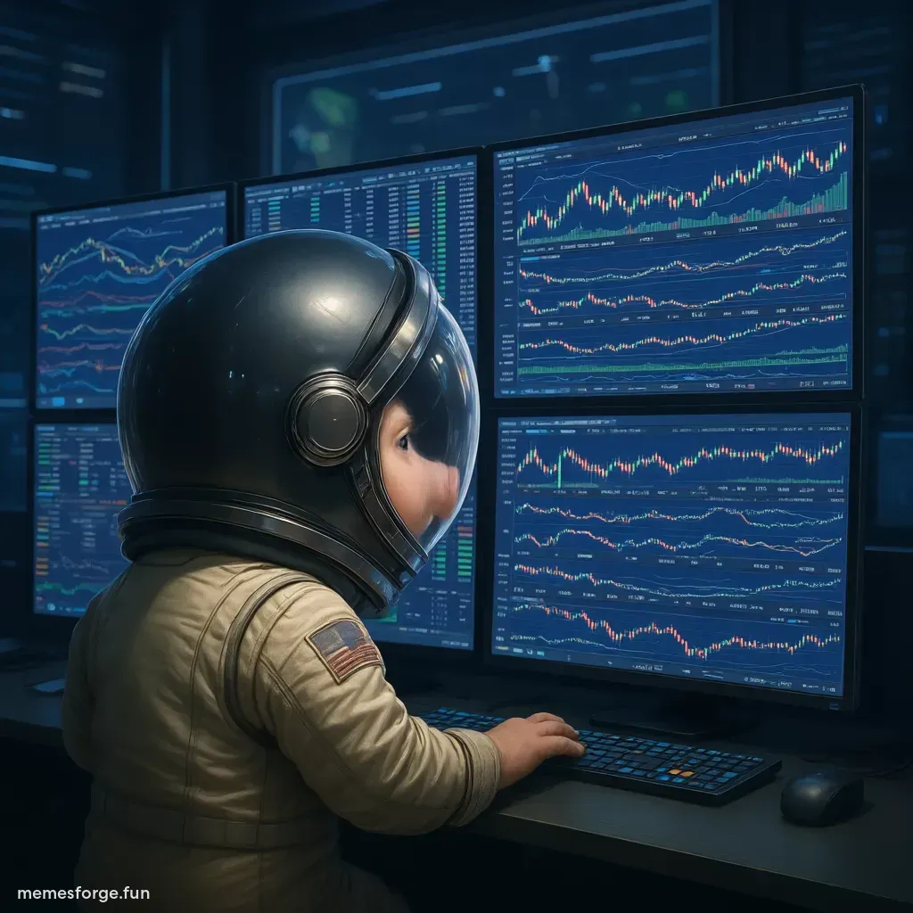 pig looking at trading charts in a futuristic office lab