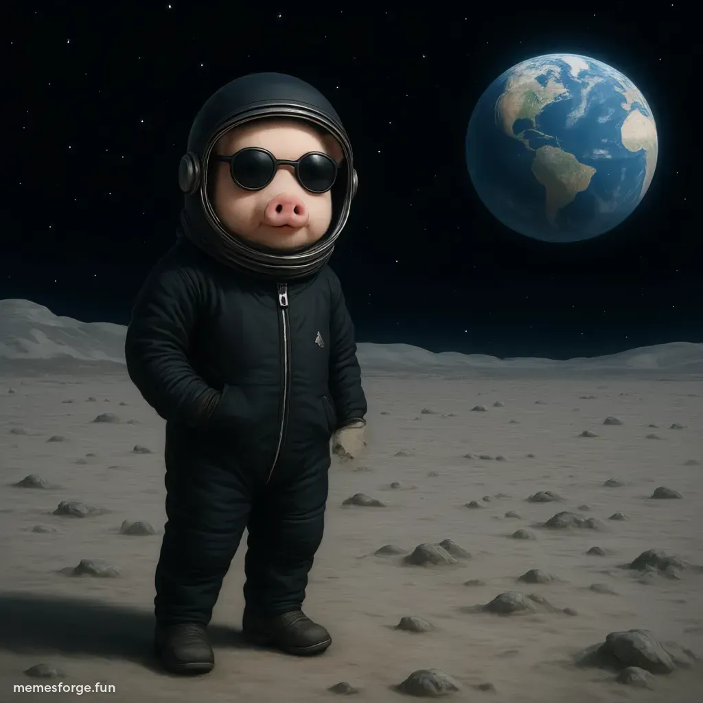 Pixelated pig with beard, wearing black hoodie and blue sunglasses, on the moon