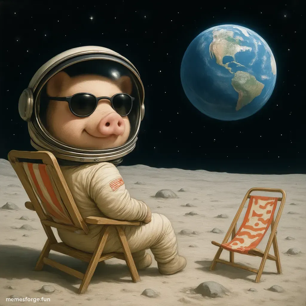 James Wynn sunbathing on the moon, beach chair, surrounded by $Moonpig logos, pig characters, meme