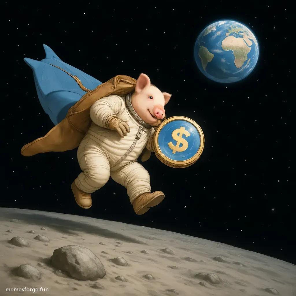 pig flying to the moon holding $TITCOIN