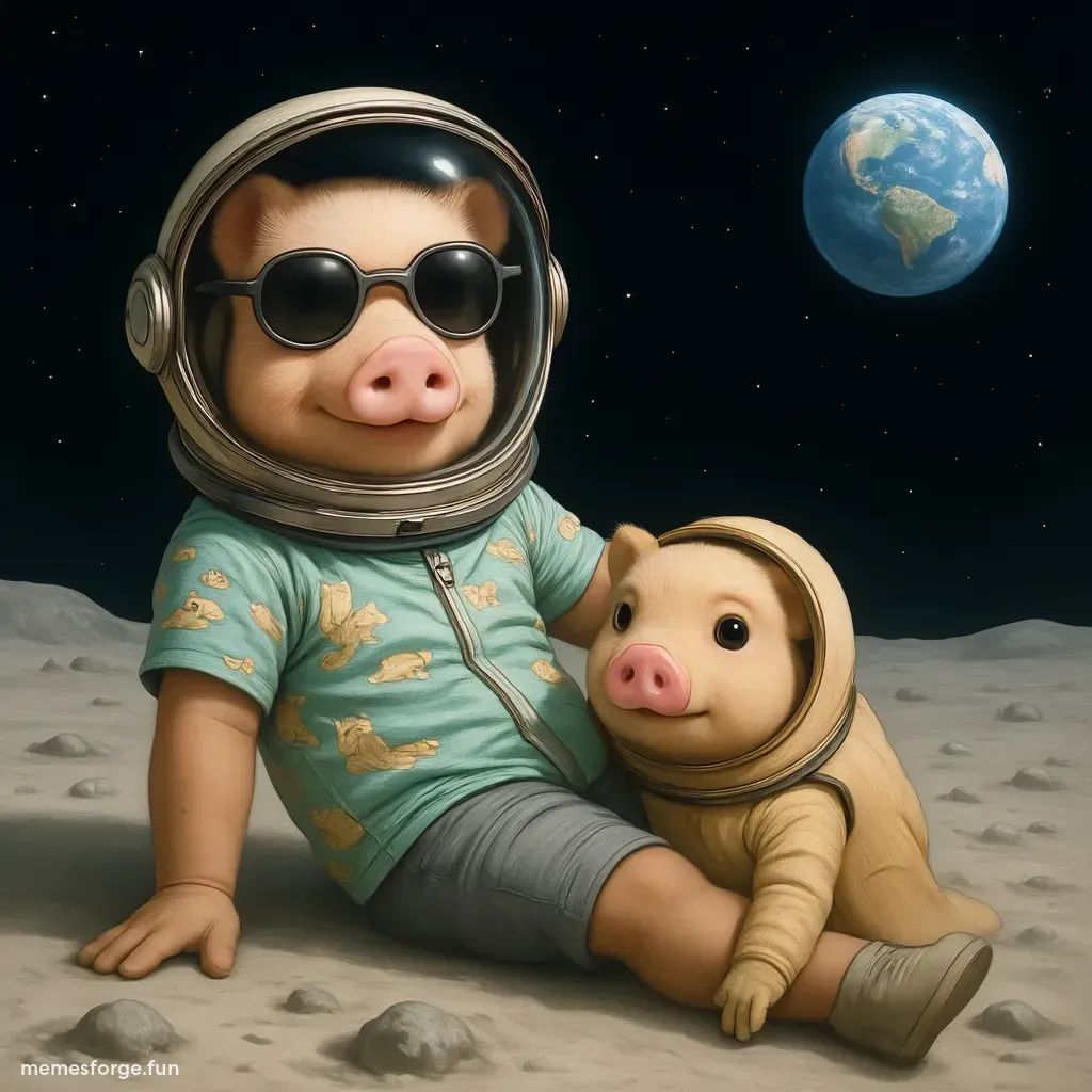 Meme coin trader sunbathing on the moon, beach chair, sunglasses, Hawaiian shirt, Moonpig plushie, lunar landscape