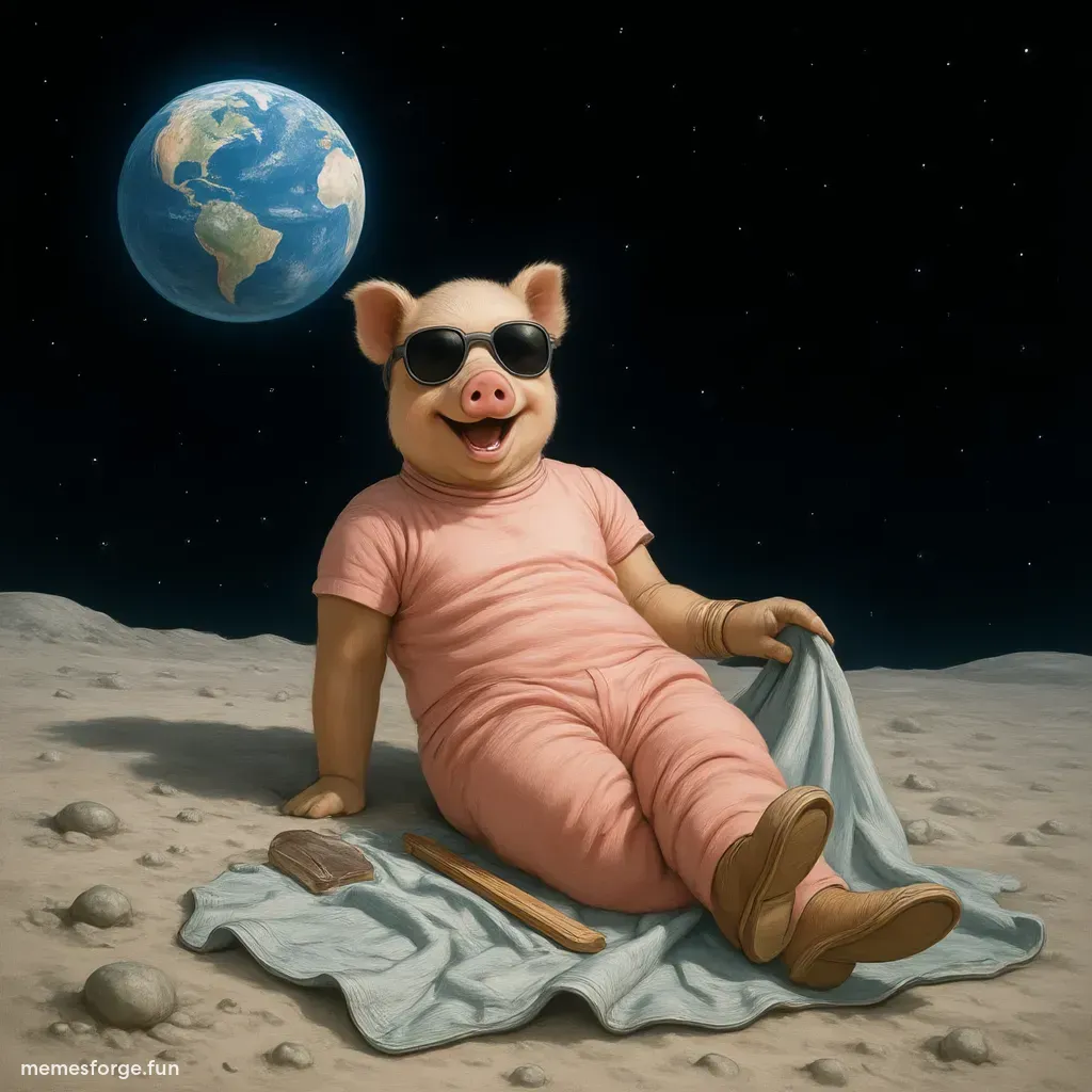 Neo sunbathing on the moon, Moonpig beach towel, sunglasses, meme