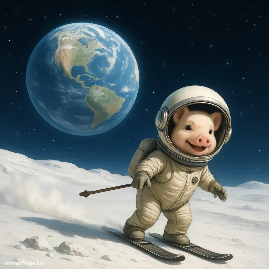 dynamic motion shot of moonpig sking down the slopes of the moon with the earth in the background