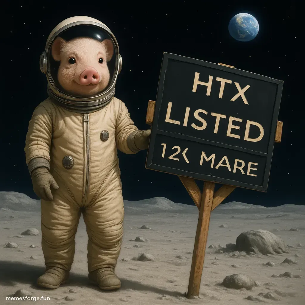 a pig on the moon holding a sign that says HTX LISTED